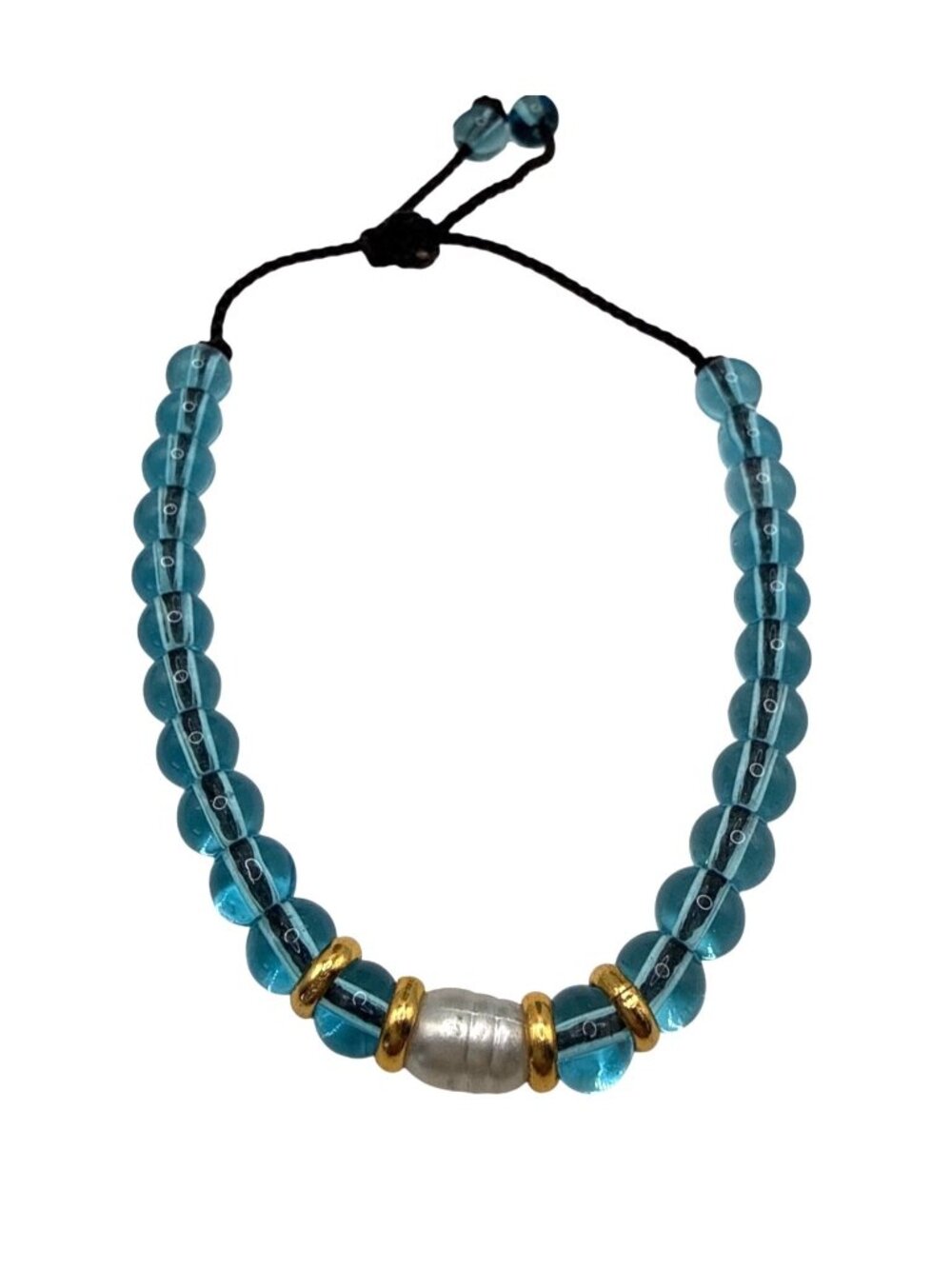 Beaded Adjustable Bracelet Blue Glass Beads Gold Silver Accents Black Cord